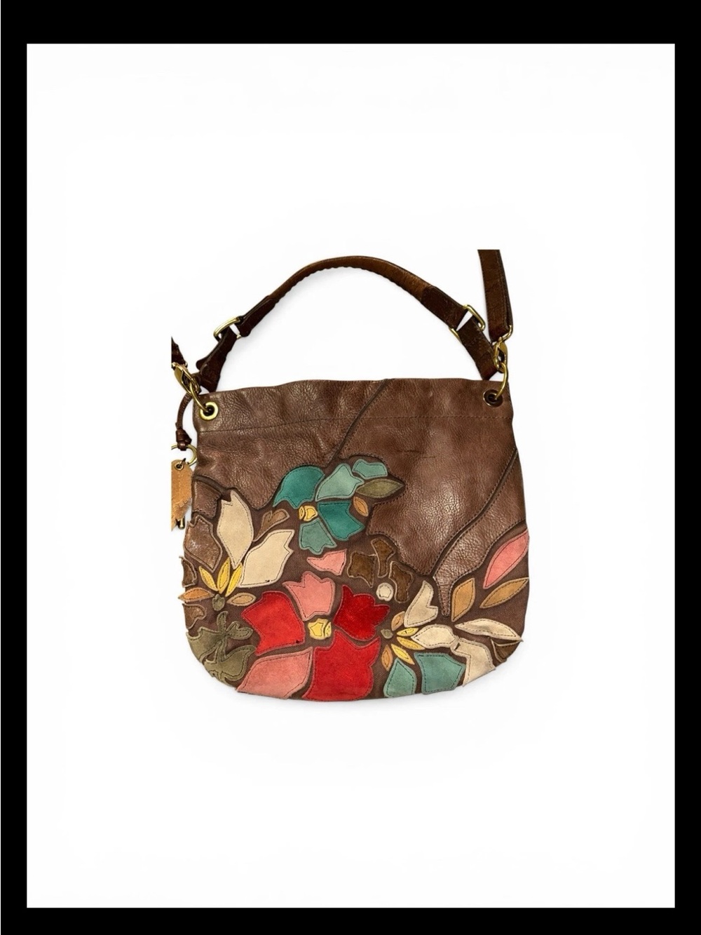 Rare Vtg Fossil Floral Desi Leather Hobo Crossbody Bag Suede Floral Appliqué